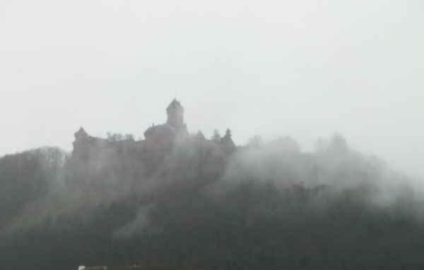 Die Hohkönigsburg im Nebel verkleidet